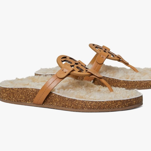 Tory Burch Shoes - Tory Burch Cloud Shearling Flats Sandals, Caramel Corn/Buttermilk